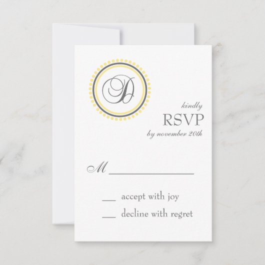 D Monogram Dot Circle RSVP-kaarten (geel / grijs) RSVP Kaartje (Voorkant)