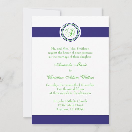 D Monogram Dot Circle Wedding Invitations (marine) Kaart (Voorkant)