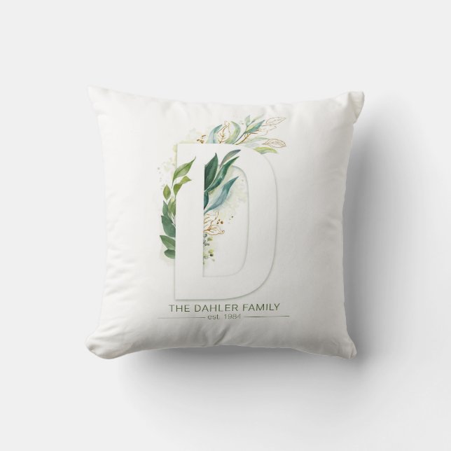 D Monogram Elegant Gold Greenery Familienaam Kussen (Voorkant)
