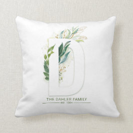 D Monogram Elegant Gold Greenery Familienaam Kussen