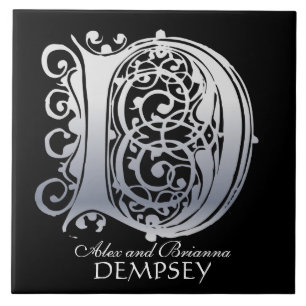 D Monogram "Silver Lace on Black" met Names-Tegel Tegeltje