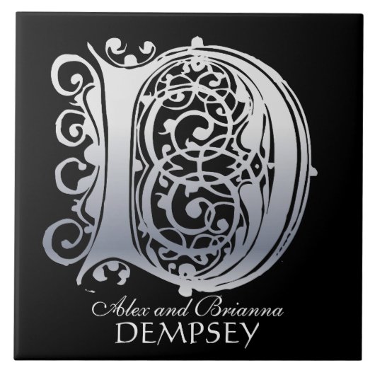 D Monogram "Silver Lace on Black" met Names-Tegel Tegeltje (Voorkant)