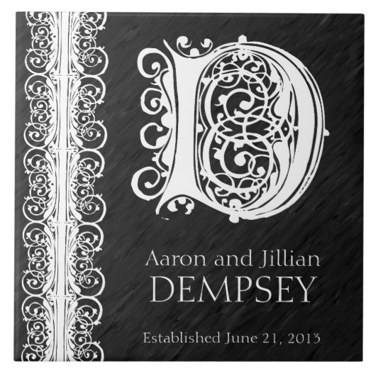 D Monogram "White Lace on Black" Wedding Tegel Tegeltje (Voorkant)