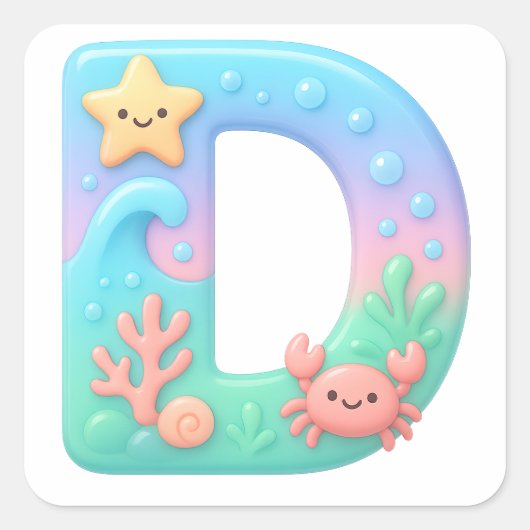 "D" Mooie Bubbel Letter - Onderwater Zeedier A Vierkante Sticker (Voorkant)