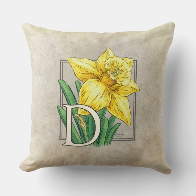 D voor Daffodil Floral Monogram Kussen (Voorkant)