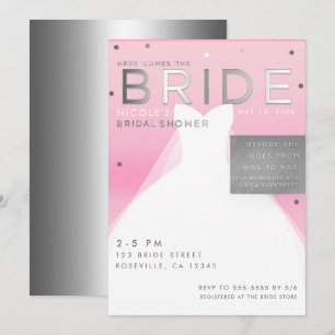Daar komt de BRUID Silver & Roze Chic Bruidsfeest Kaart