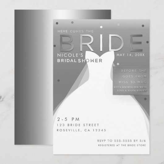 Daar komt de BRUID Silver & White Chic Bruiloftsbo Kaart (Voorkant / Achterkant)