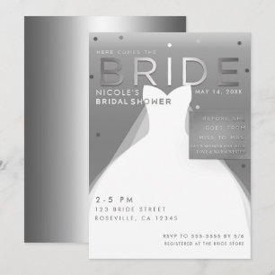 Daar komt de BRUID Silver & White Chic Bruiloftsbo Kaart