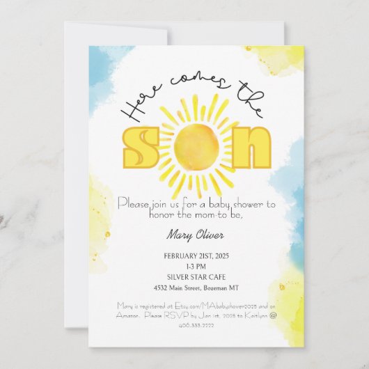 Daar komt de zoon! uitnodiging tot baby shower (Voorkant)