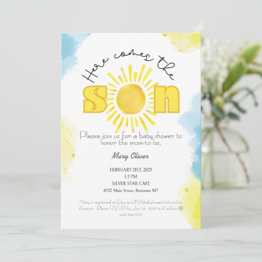 Daar komt de zoon! uitnodiging tot baby shower (Staand voorkant)