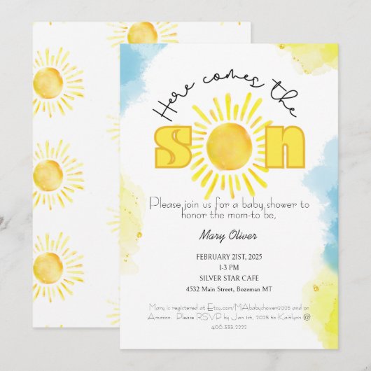 Daar komt de zoon! uitnodiging tot baby shower (Voorkant / Achterkant)