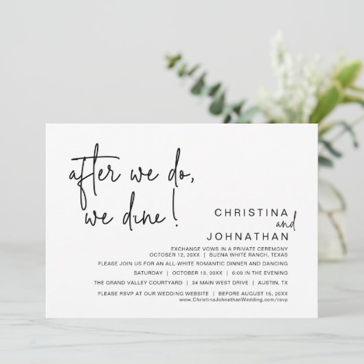 Daarna gaan we eten, een romantisch huwelijksdiner kaart (Staand voorkant)