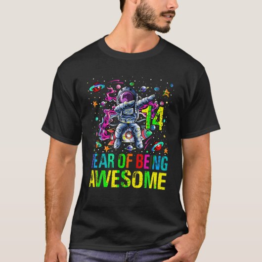 Dabbing astronaut 14 jaar oud verjaardagsruimte 14 t-shirt (Voorkant)