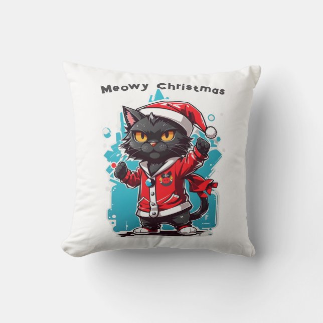 Dabbing Black Cat: Meowy Kerstfeesten Kussen (Voorkant)