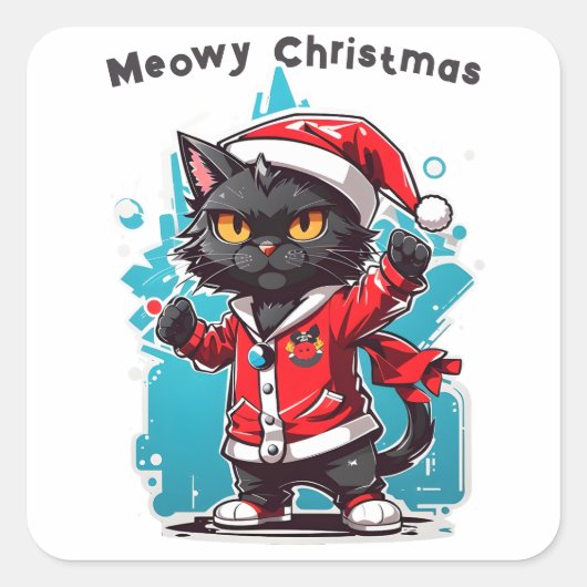 Dabbing Black Cat: Meowy Kerstfeesten Vierkante Sticker (Voorkant)