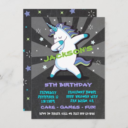 Dabbing Boy Unicorn Birthday Party Invitation Kaart (Voorkant / Achterkant)