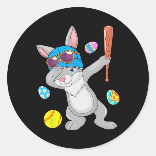 Dabbing Bunny Spelen Softbal Pasen Kostuum Spelen Ronde Sticker (Voorkant)