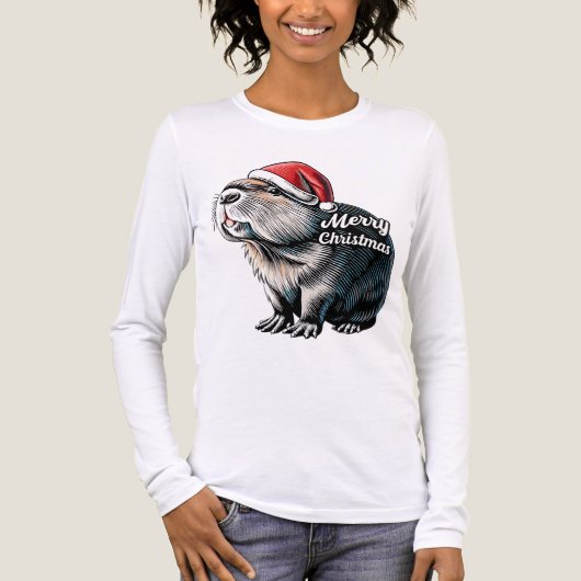 Dabbing Capybara Christmas Santa – Funny Holiday Tri-Blend Shirt (Voorkant volledig)