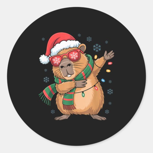 Dabbing Capybara Christmas Santa Hat Funny Holiday Ronde Sticker (Voorkant)