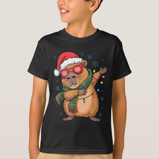 Dabbing Capybara Christmas Santa Hat Funny Holiday T-shirt (Voorkant)
