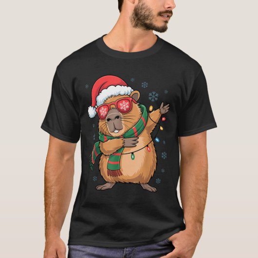 Dabbing Capybara Christmas Santa Hat Funny Holiday T-shirt (Voorkant)