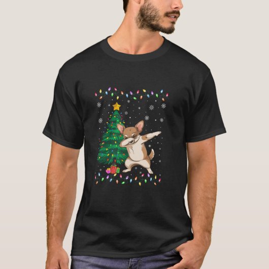 Dabbing Chihuahua Dog Xmas Tree Lights Ugly Christ T-shirt (Voorkant)