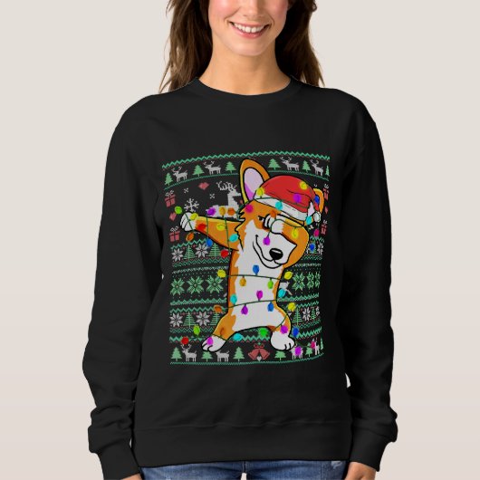 Dabbing Corgi Fairy Lights Ugly Christmas Sweater (Voorkant)
