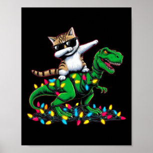 Dabbing Egeïsche kat op Xmas Lights Dinosaur T Rex Poster