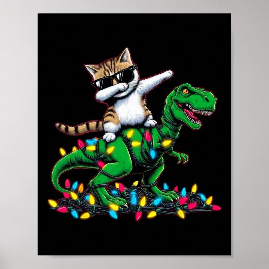 Dabbing Egeïsche kat op Xmas Lights Dinosaur T Rex Poster (Voorkant)