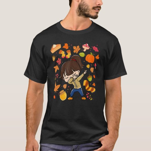 Dabbing Girl Autumn Maple Pumpkin Herfst Season Le T-shirt (Voorkant)