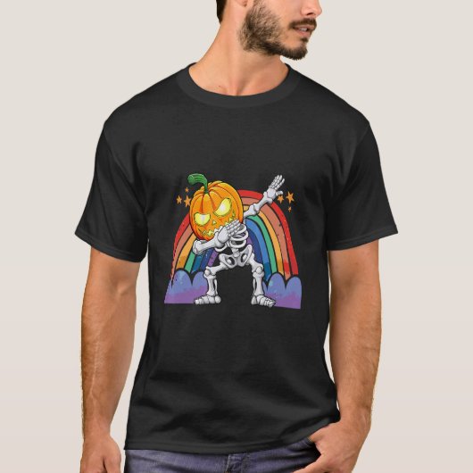 Dabbing Halloween Pumpkin Skeleton Rainbow Boys Ki T-shirt (Voorkant)