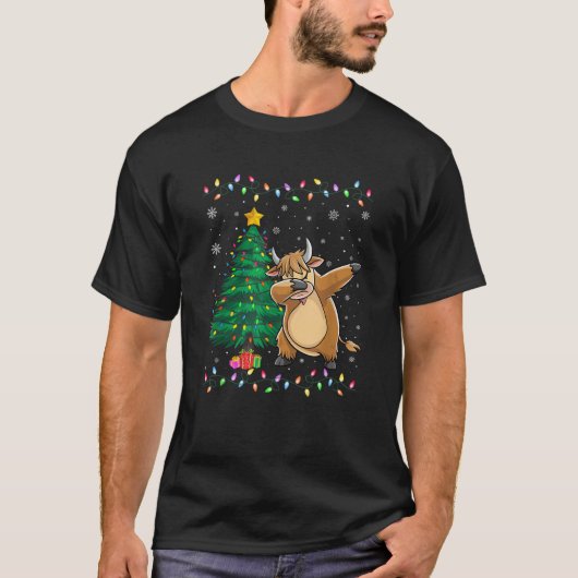 Dabbing Highland Koe Xmas Tree Lights Ugly Christm T-shirt (Voorkant)