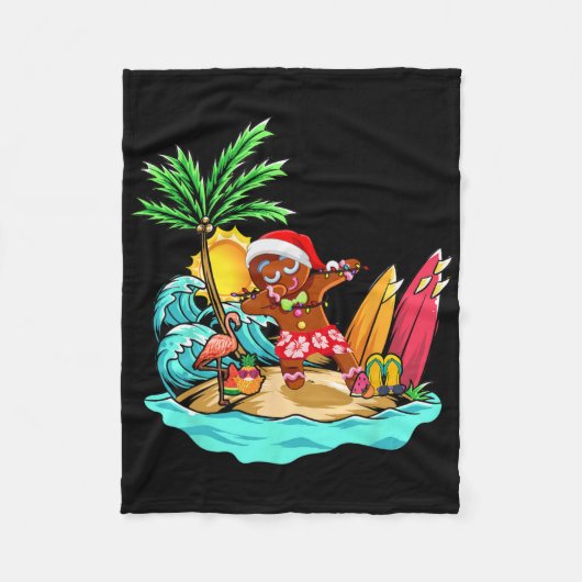 Dabbing Kerstman Peperkoek Flamingo Op Strand Zome Fleece Deken (Voorkant)