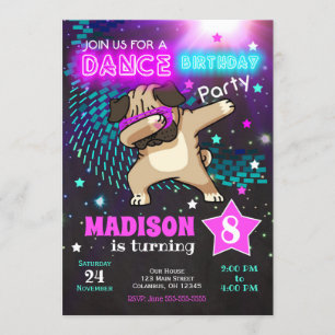 Dabbing Pug Birthday Invitation / Dance Party Kaart