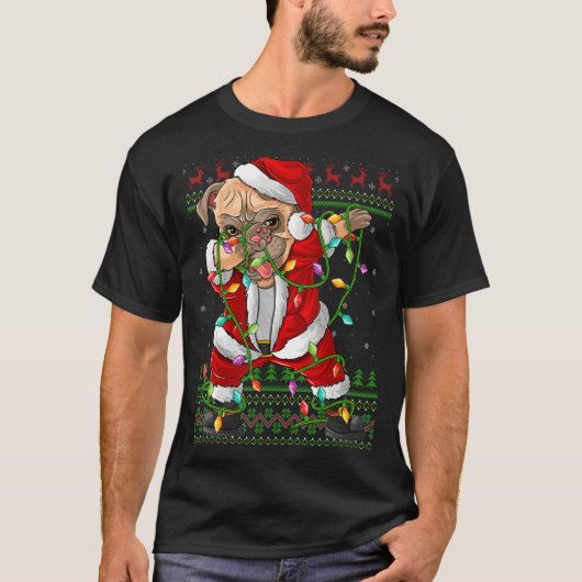 Dabbing Pug Dog Xmas Lights Lelijk Pug Santa Chris T-shirt (Voorkant)