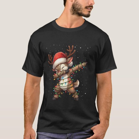 Dabbing Rendier Kerstverlichting Kerstman Hoed Xma T-shirt (Voorkant)