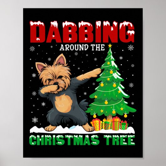 Dabbing rond de kerstboom Yorkie Dog Xmas Poster (Voorkant)