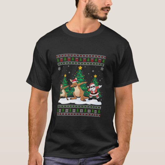 Dabbing Santa Reindeer Kangaroo Tree Lights Ugly X T-shirt (Voorkant)