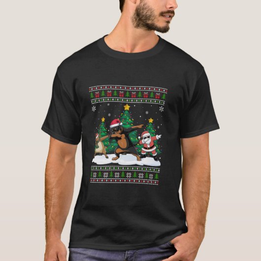 Dabbing Santa Reindeer Rottweiler Dog Tree Lights T-shirt (Voorkant)