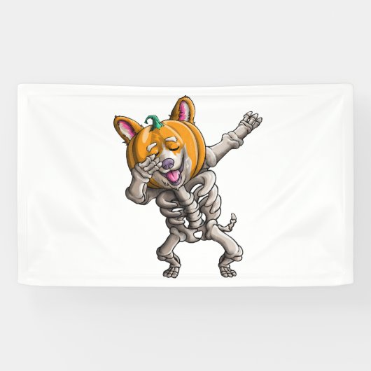 Dabbing Skelet Corgi Leuke Halloween Corgi Grappig Spandoek (Horizontaal)