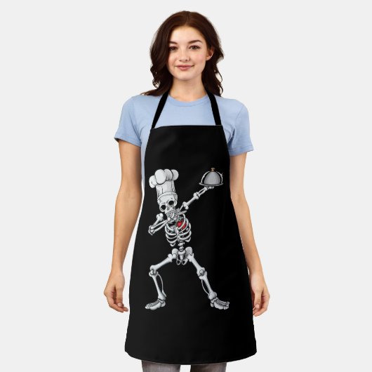 Dabbing Skeleton Chef Lunch Lady Halloween Schort (Gedragen)