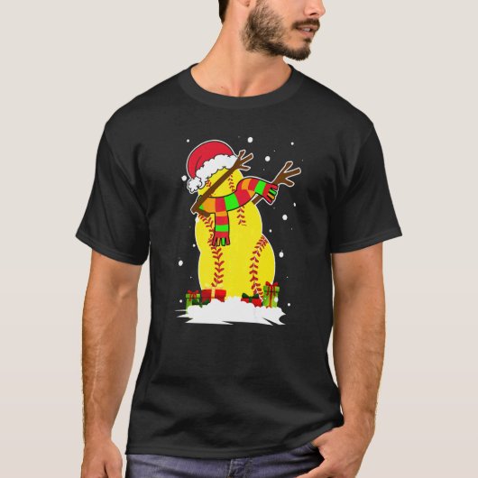 Dabbing Snowman Softball Ball Santa Kerstpaja T-shirt (Voorkant)