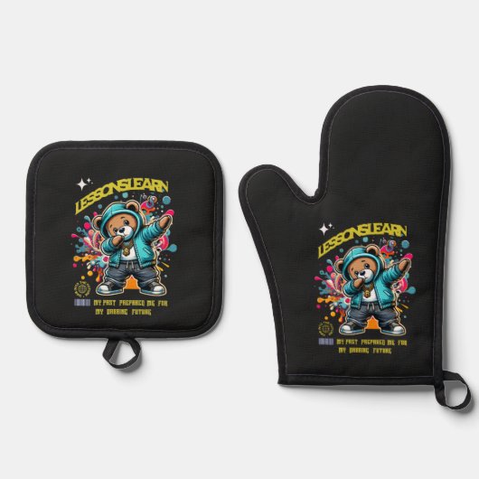 DABBING TOEKOMSTIGE LESSEN LEER POT HOLDER OVENWANT & PANNENLAP SET (Voorkant)