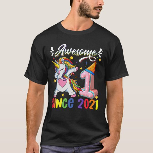 Dabbing Unicorn 1St Birthday Geweldige 2021 1 jaar T-shirt (Voorkant)