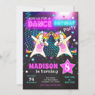 Dabbing Unicorn Birthday Invitation / Dance Party Kaart