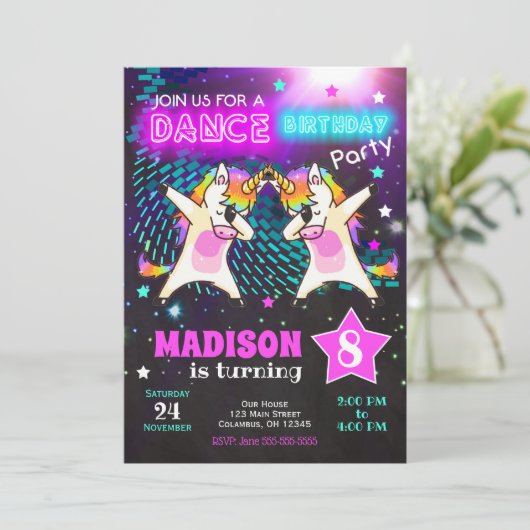 Dabbing Unicorn Birthday Invitation / Dance Party Kaart (Staand voorkant)