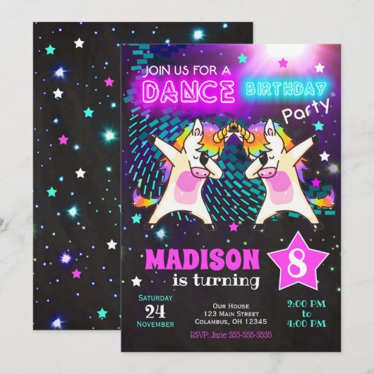 Dabbing Unicorn Birthday Invitation / Dance Party Kaart (Voorkant / Achterkant)