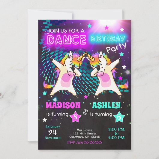 Dabbing Unicorn Birthday Invitation / Joint Party Kaart (Voorkant)