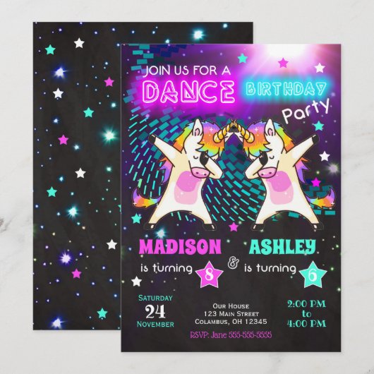 Dabbing Unicorn Birthday Invitation / Joint Party Kaart (Voorkant / Achterkant)