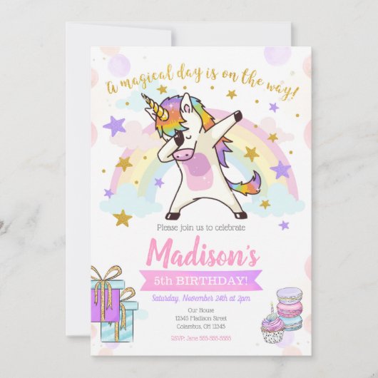 Dabbing Unicorn Birthday Invitation Kaart (Voorkant)